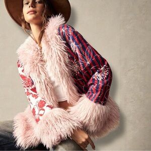 SHEIN Faux Fur Trim Statement Jacket | Floral Patchwork | Size S (4)